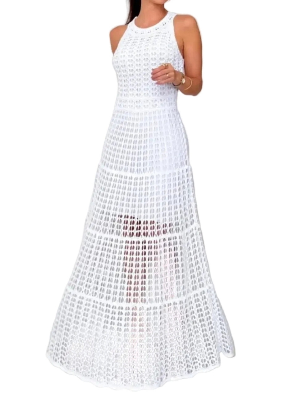 Openwork Crochet Knit Sleeveless Round Neck Illusion Mini A-line Maxi Dress - Picture 4 of 9